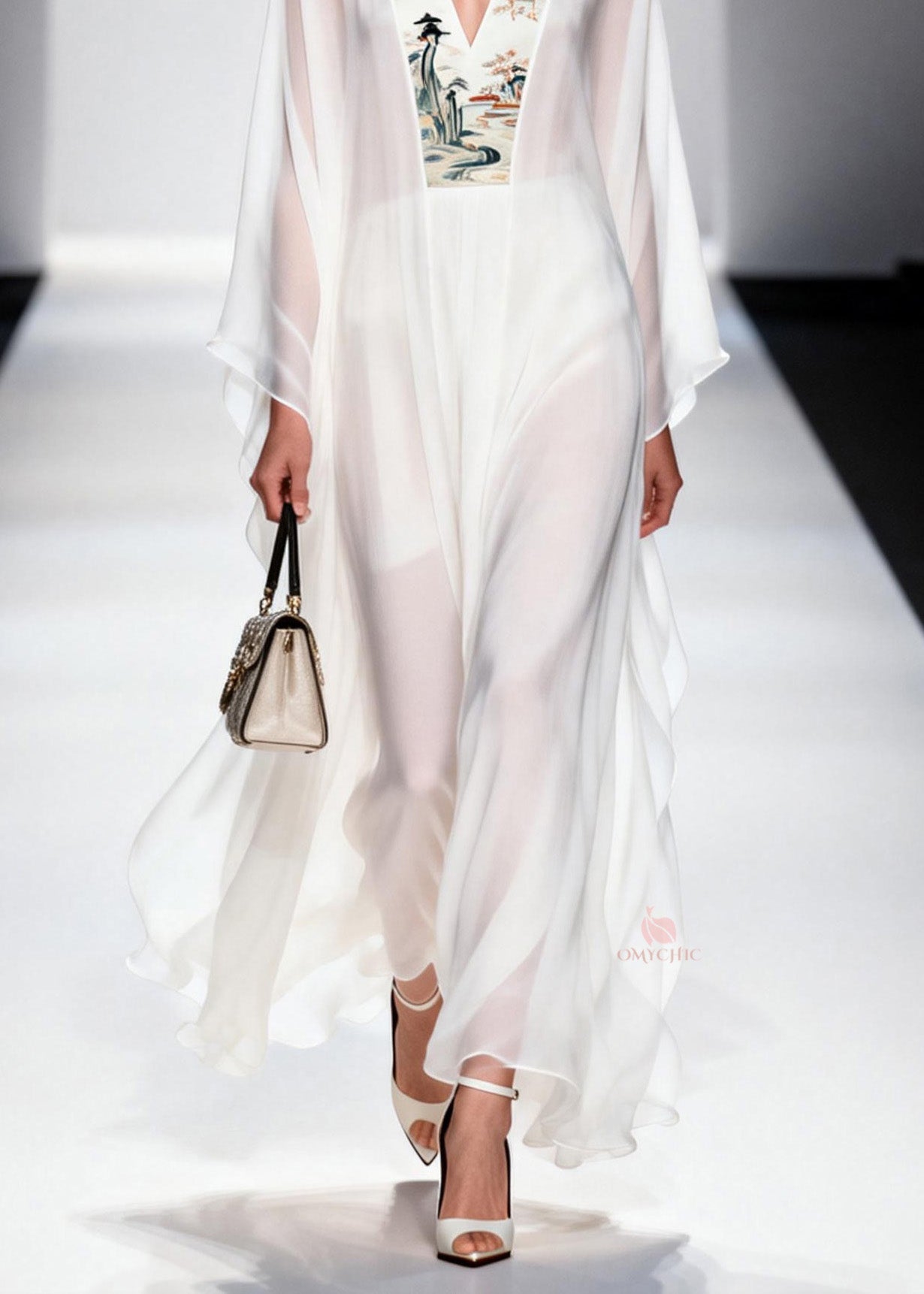 Plus Size White V Neck Patchwork Chiffon Long Dresses Spring