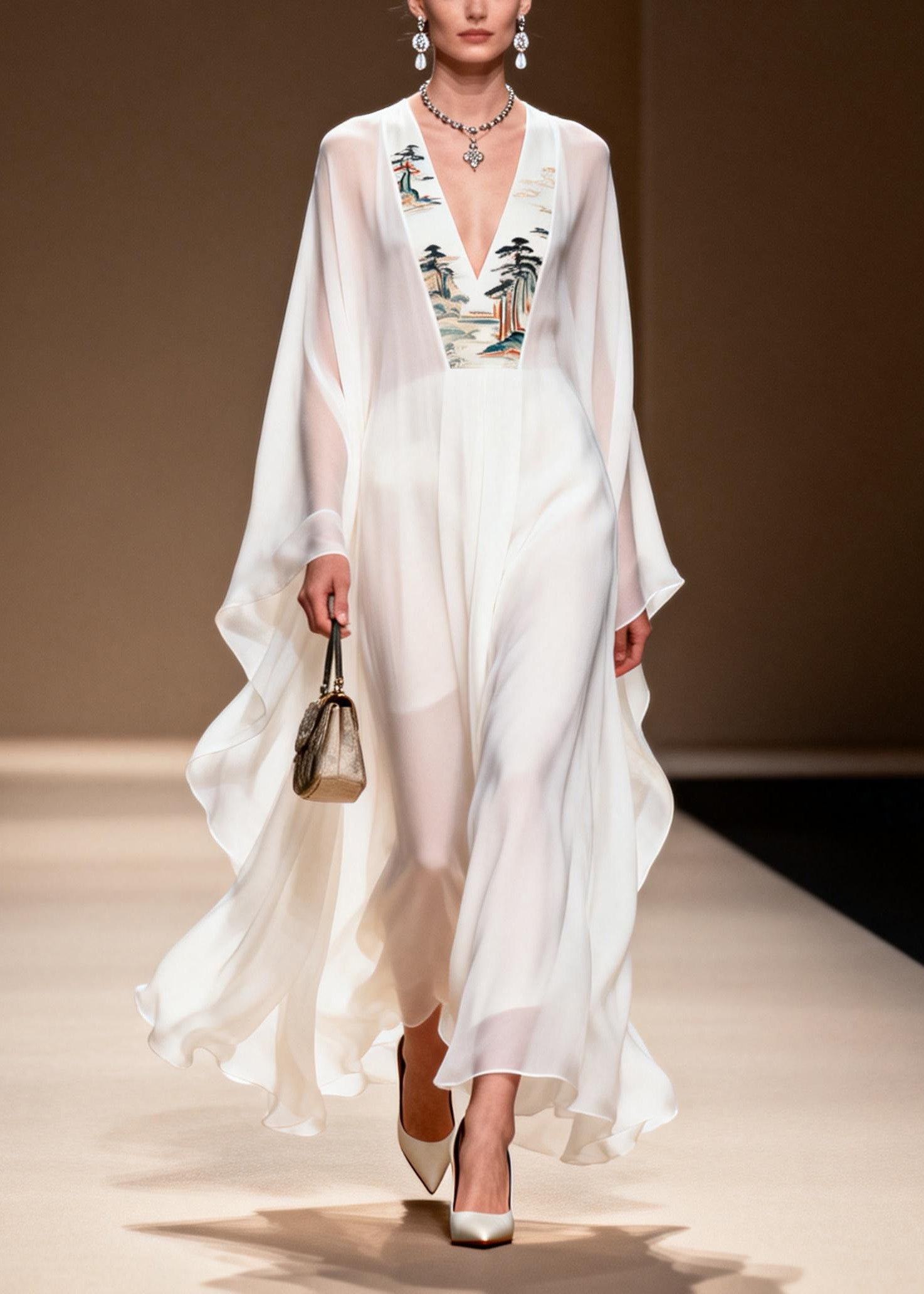 Plus Size White V Neck Print Patchwork Chiffon Dress Spring