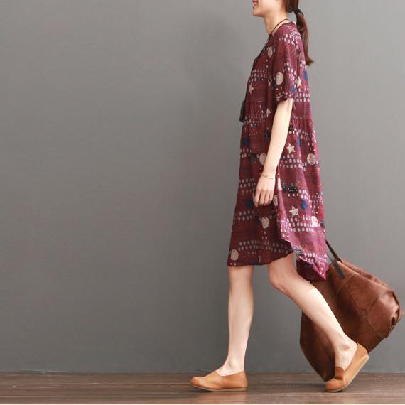 Plus size print summer dress loose fit shift dresses burgundy