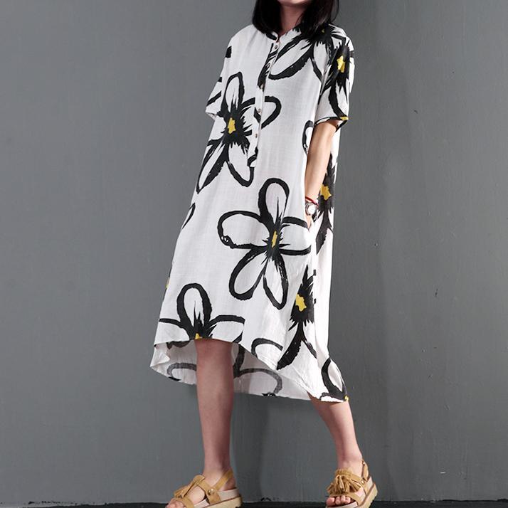 Plus Size Sundress White Linen Summer Maxi Dress Floral Shift Dresses