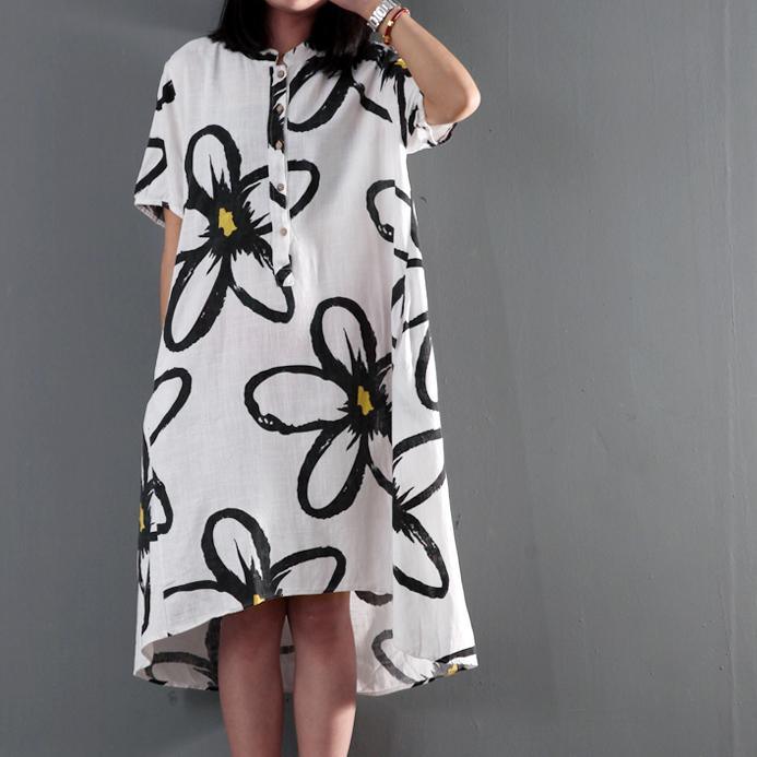 Plus Size Sundress White Linen Summer Maxi Dress Floral Shift Dresses