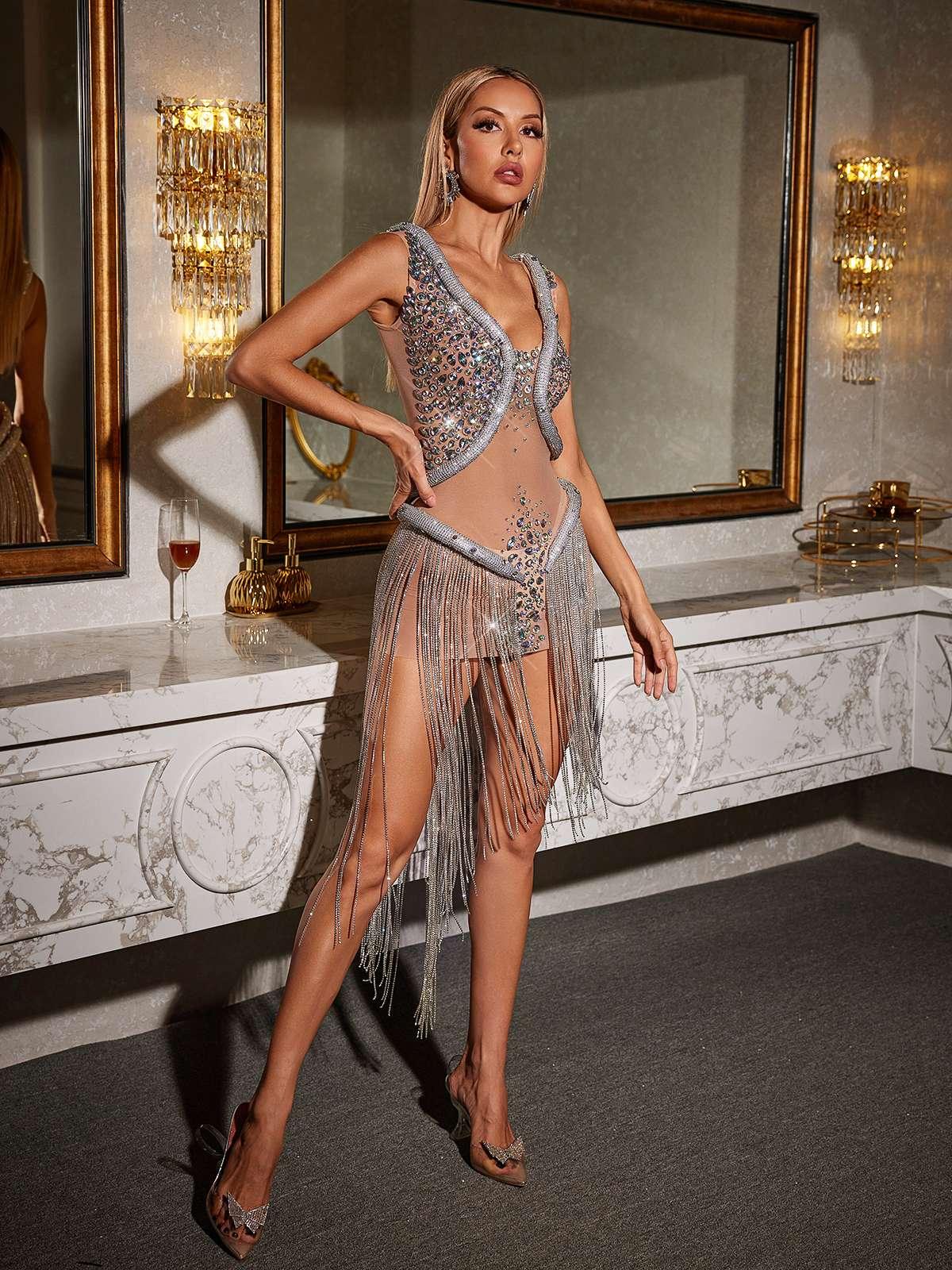 V Neck Snake Crystal Frige Mini Dress