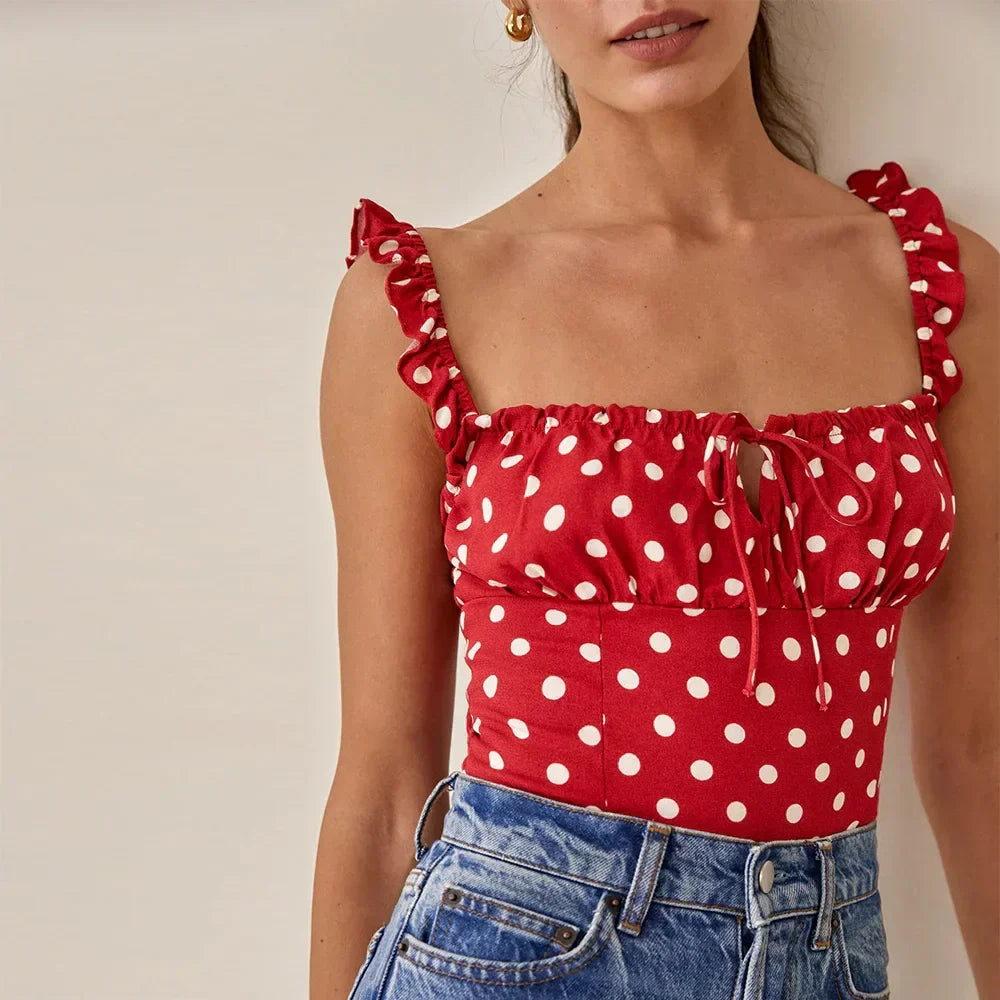 Polka Dot Square Neck Tie Sleeveless Frill Strap Smocked Fitted Sexy Crop Top RED / S croptop-250126