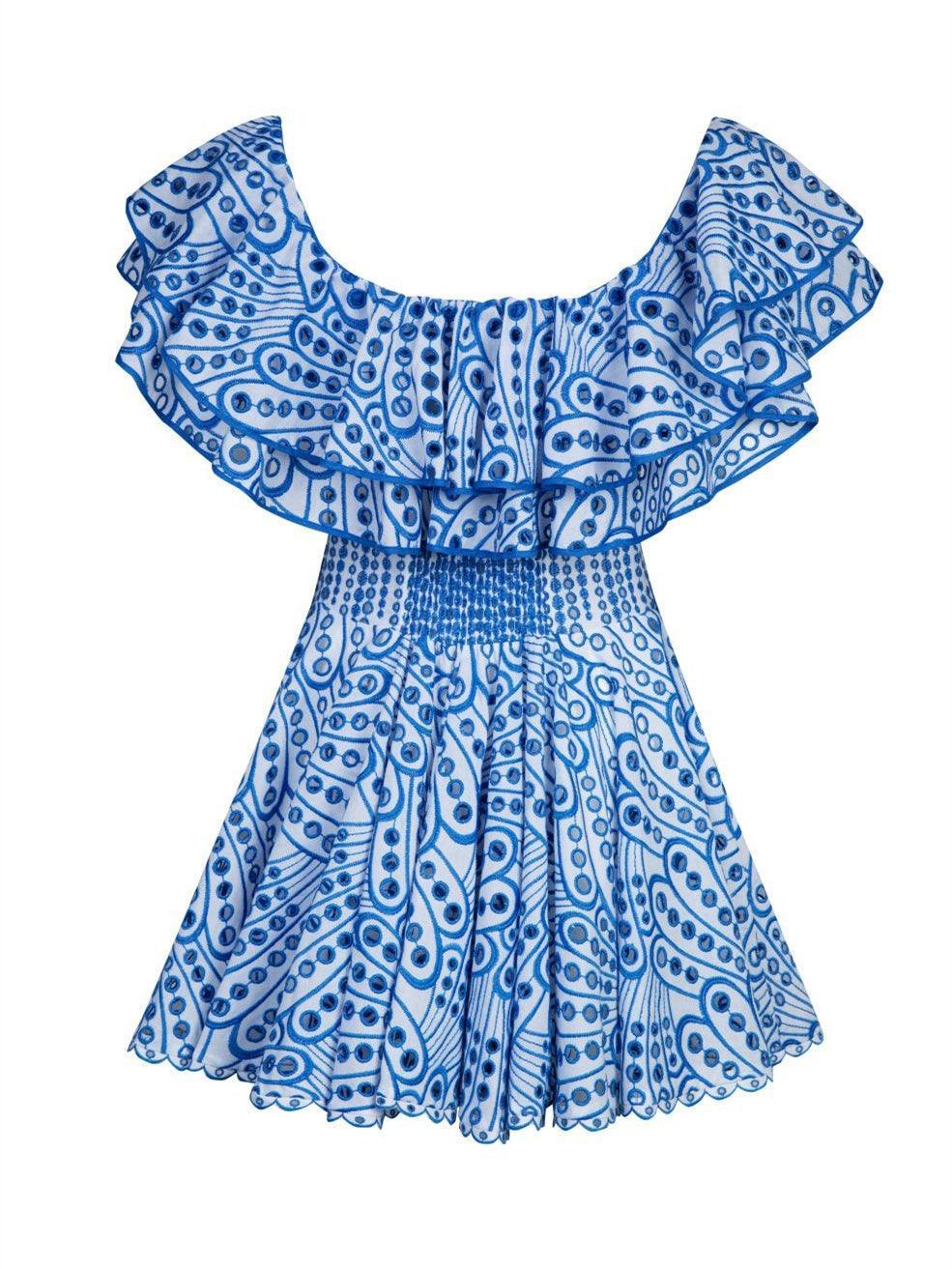 Off-Shoulder Ruffle Embroidered Eyelet Fit and Flare Mini Dress