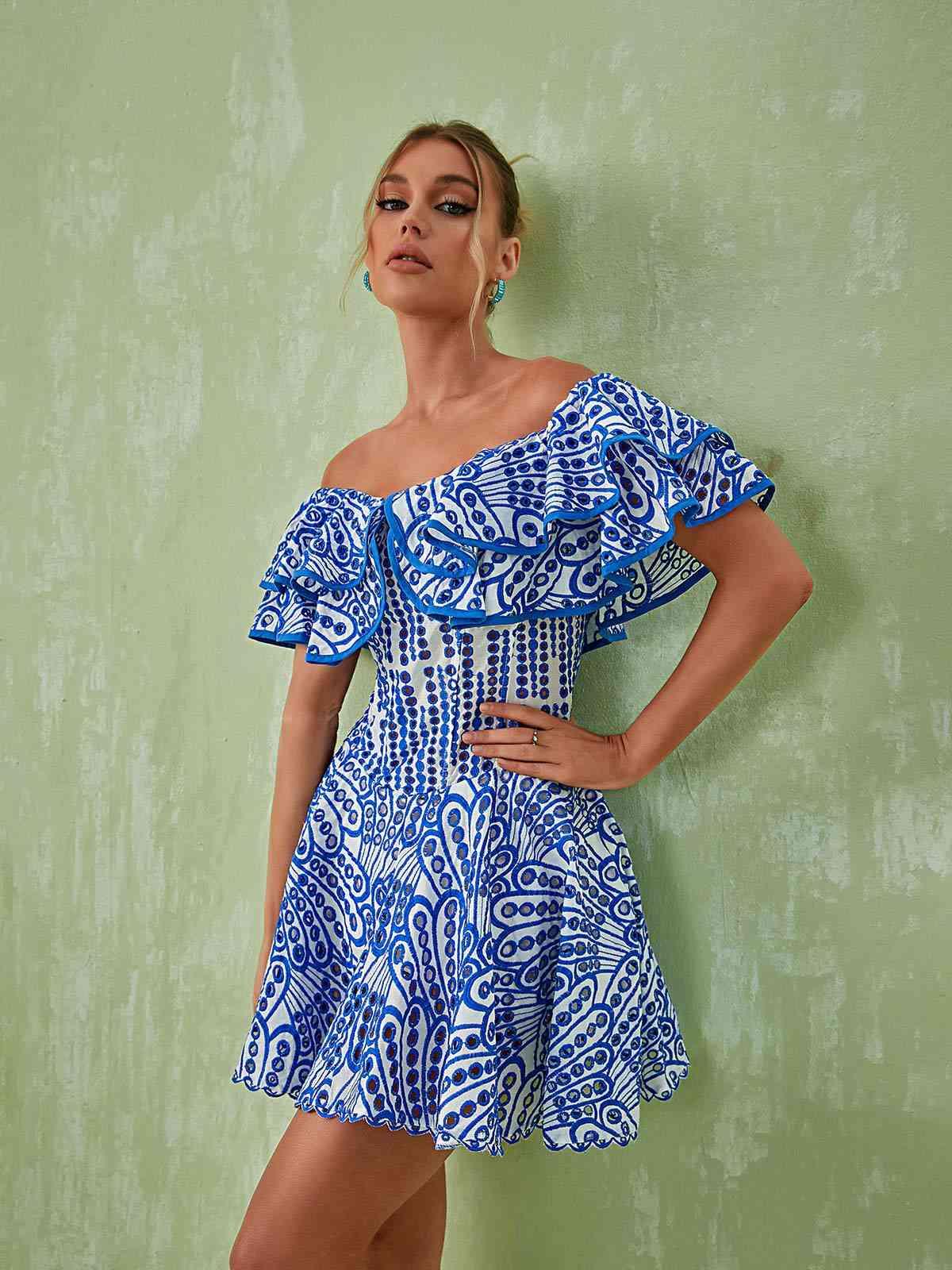 Off-Shoulder Ruffle Embroidered Eyelet Fit and Flare Mini Dress