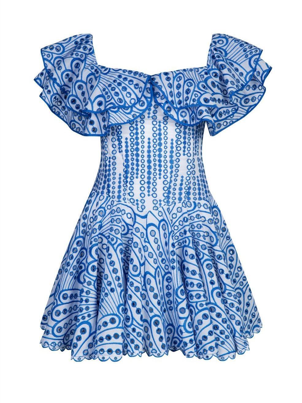 Off-Shoulder Ruffle Embroidered Eyelet Fit and Flare Mini Dress
