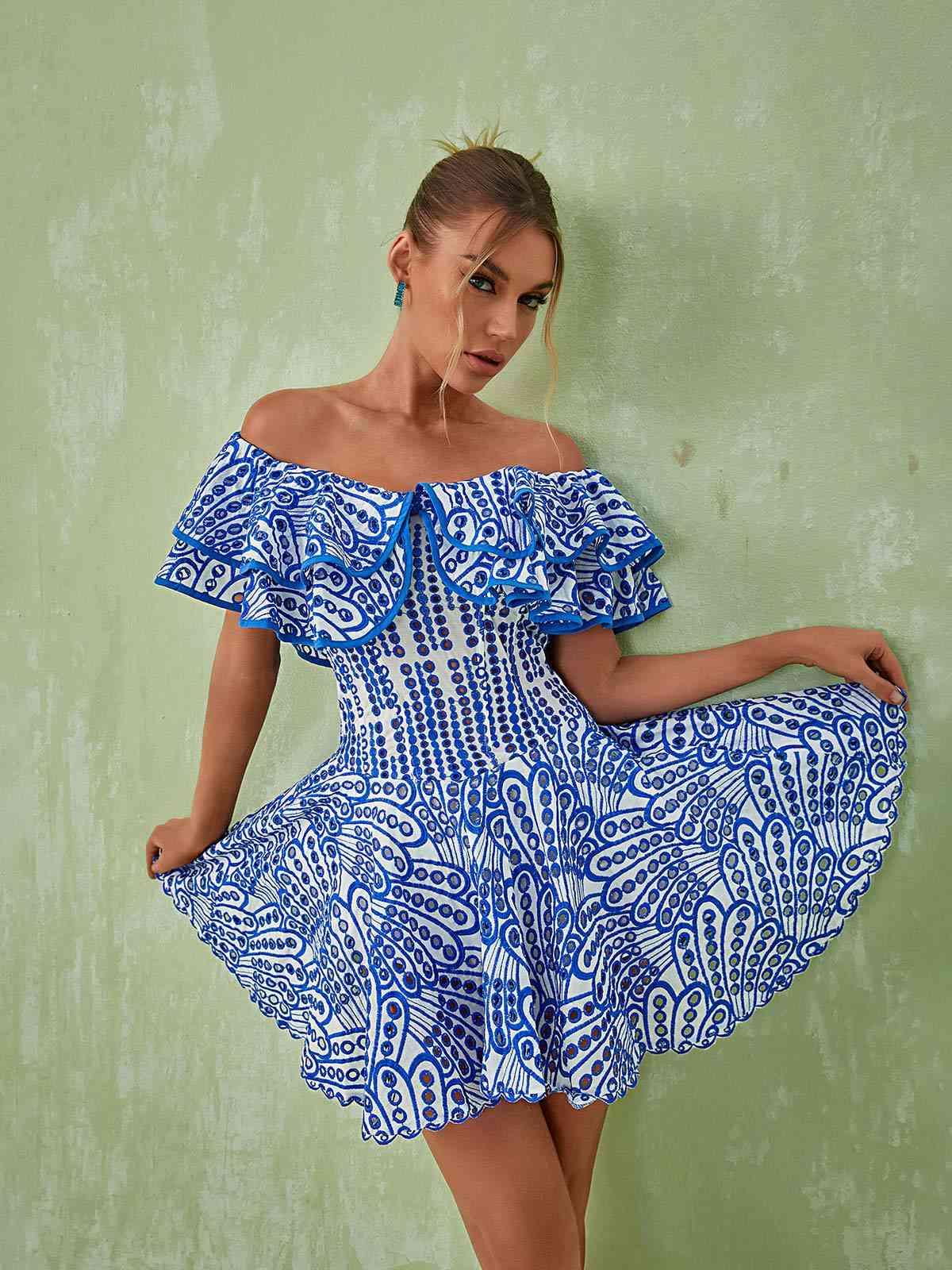 Off-Shoulder Ruffle Embroidered Eyelet Fit and Flare Mini Dress