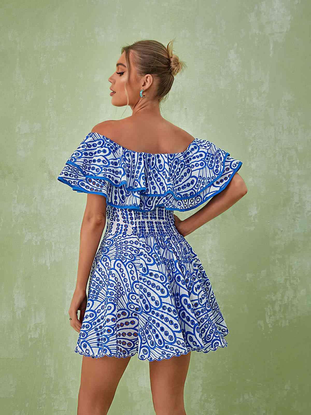Off-Shoulder Ruffle Embroidered Eyelet Fit and Flare Mini Dress
