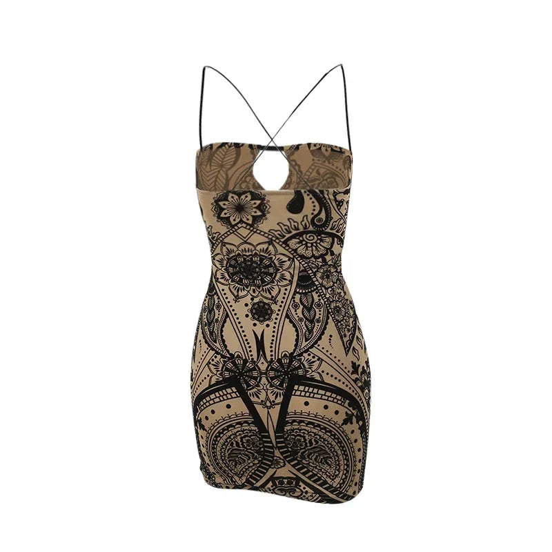 Print Backless Summer Fashion OutFits Cut Out Sleeveless Bodycon Party Floral Dress
