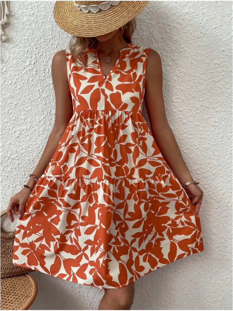 Print Women V Neck Chic Elegant Woman Beach Kneelength Midi Dresses