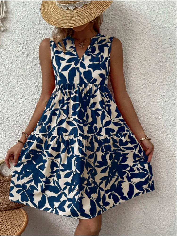 Print Women V Neck Chic Elegant Woman Beach Kneelength Midi Dresses