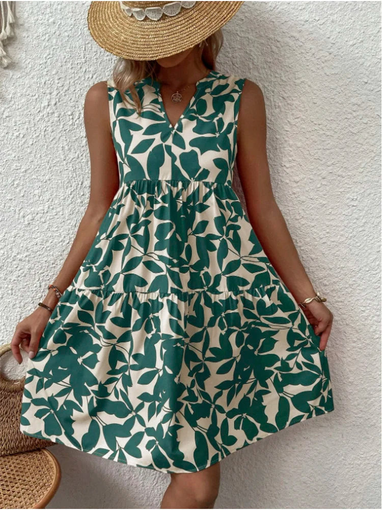Print Women V Neck Chic Elegant Woman Beach Kneelength Midi Dresses