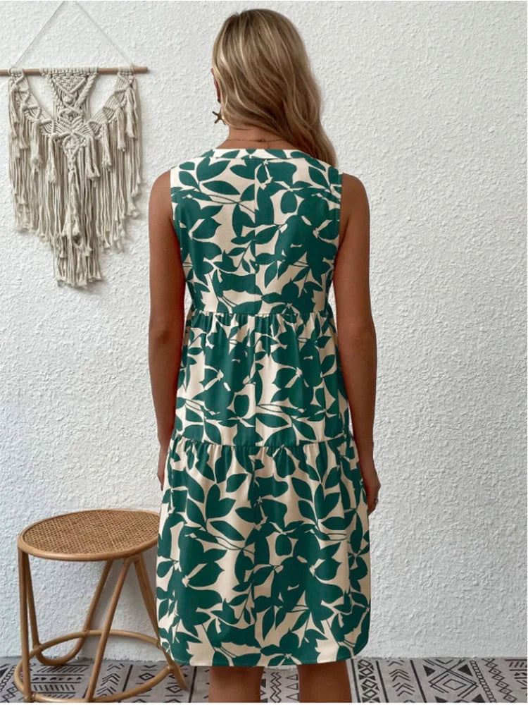 Print Women V Neck Chic Elegant Woman Beach Kneelength Midi Dresses