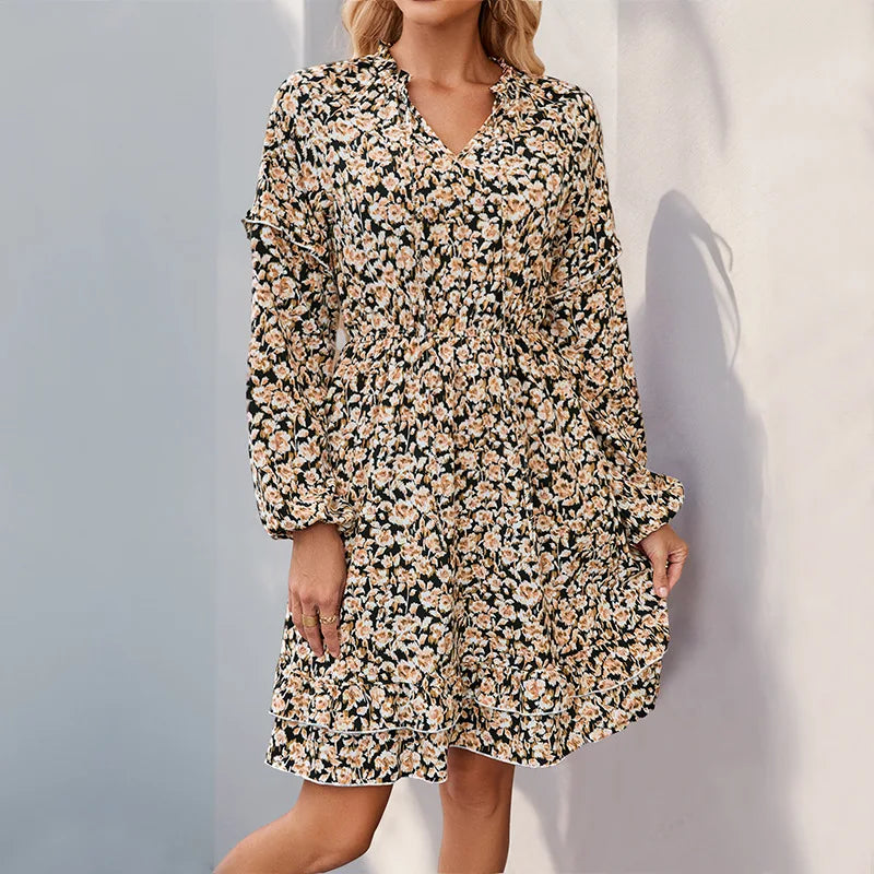 Casual Printed Long Sleeve Floral Dress Black / S oldfloraldress-250126