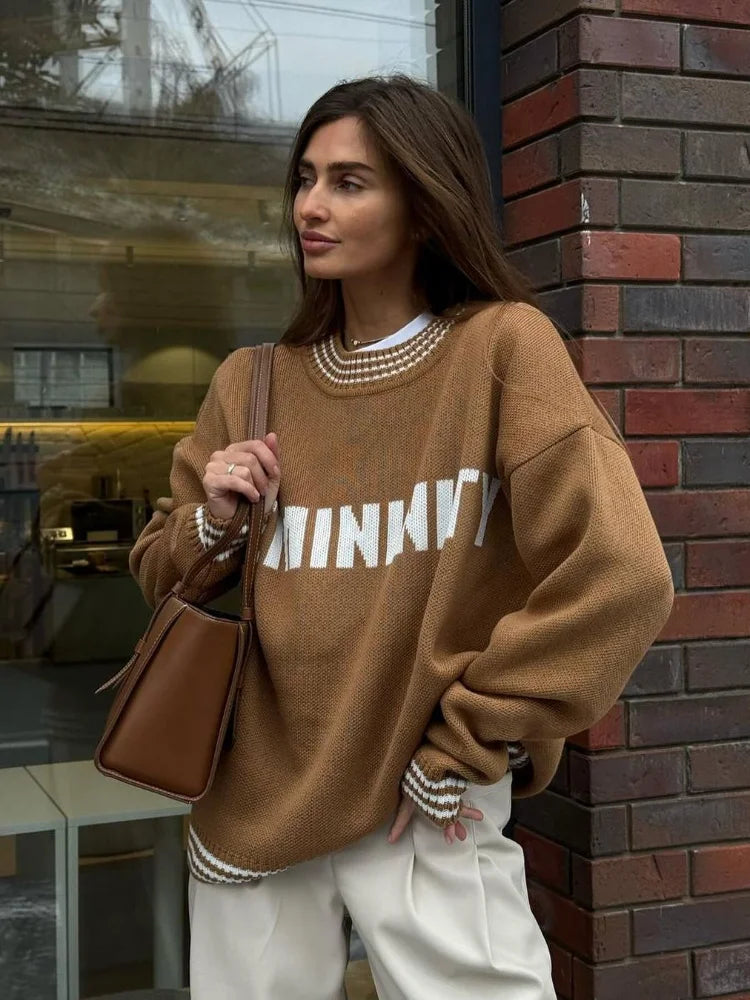 Printed Striped Cozy Stylish Loose Round Neck Comfortable Trendy Autumn Sweater