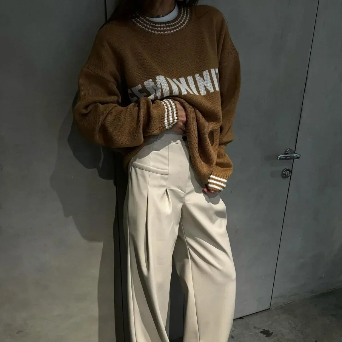 Printed Striped Cozy Stylish Loose Round Neck Comfortable Trendy Autumn Sweater Brown / S Sweaters-L