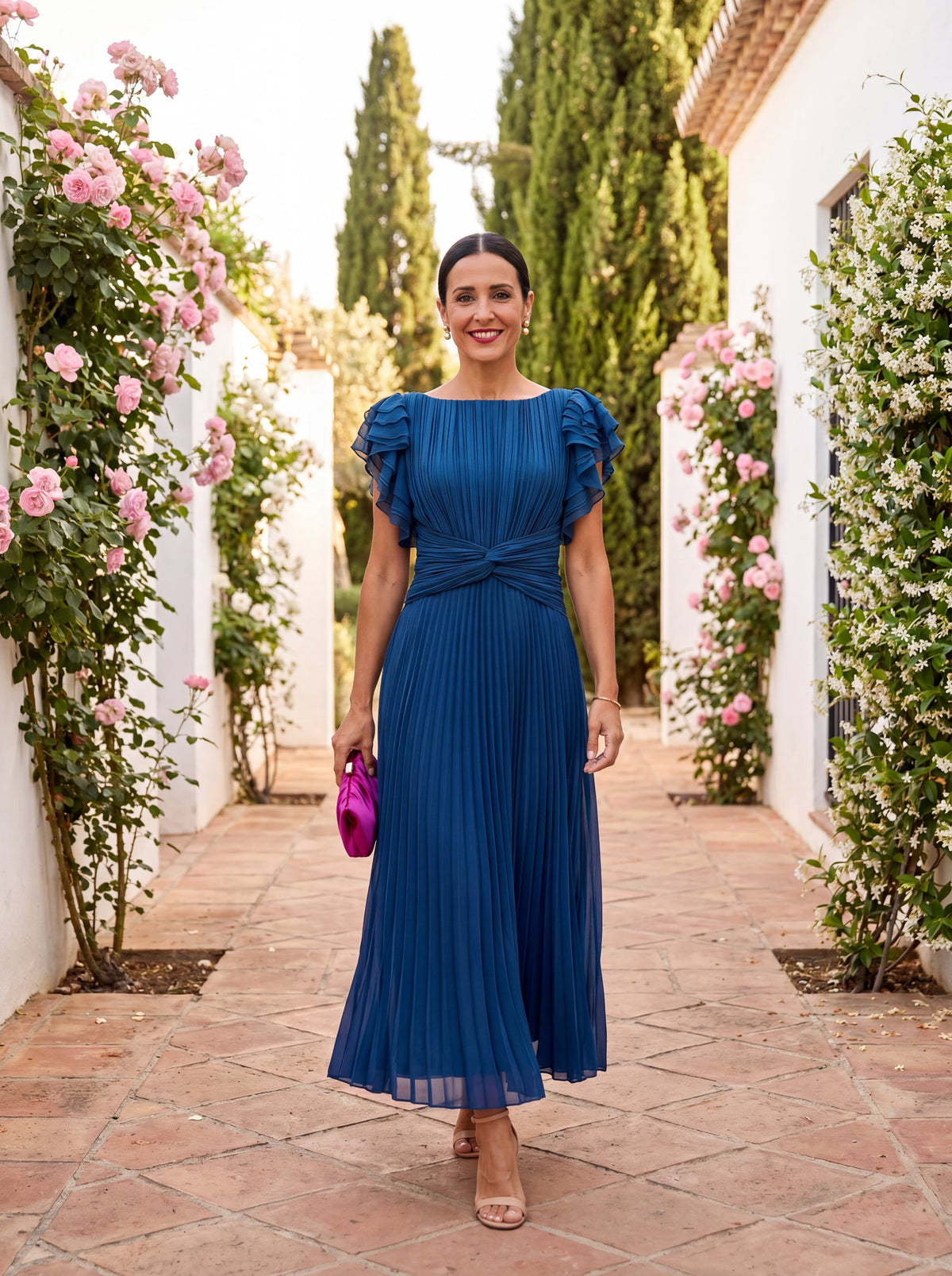 Round Neck Flutter Sleeve Pleated Twist Front A-Line Maxi Dress