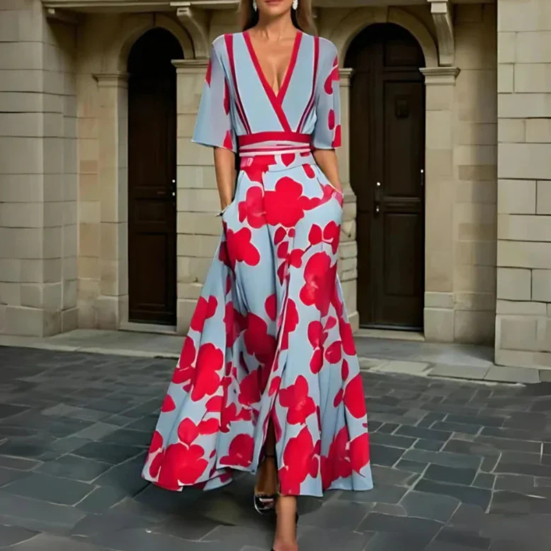Deep V-Neck Floral Print Half Sleeve A-Line Maxi Dress 2