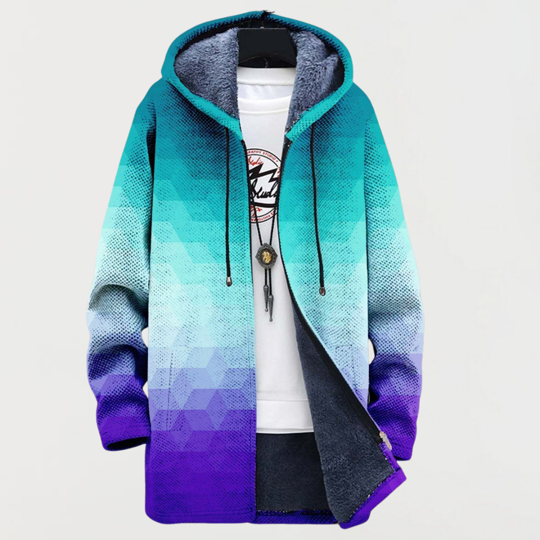 Blue Hooded Fleece Lined Gradient Geometric Print Knit Coat
