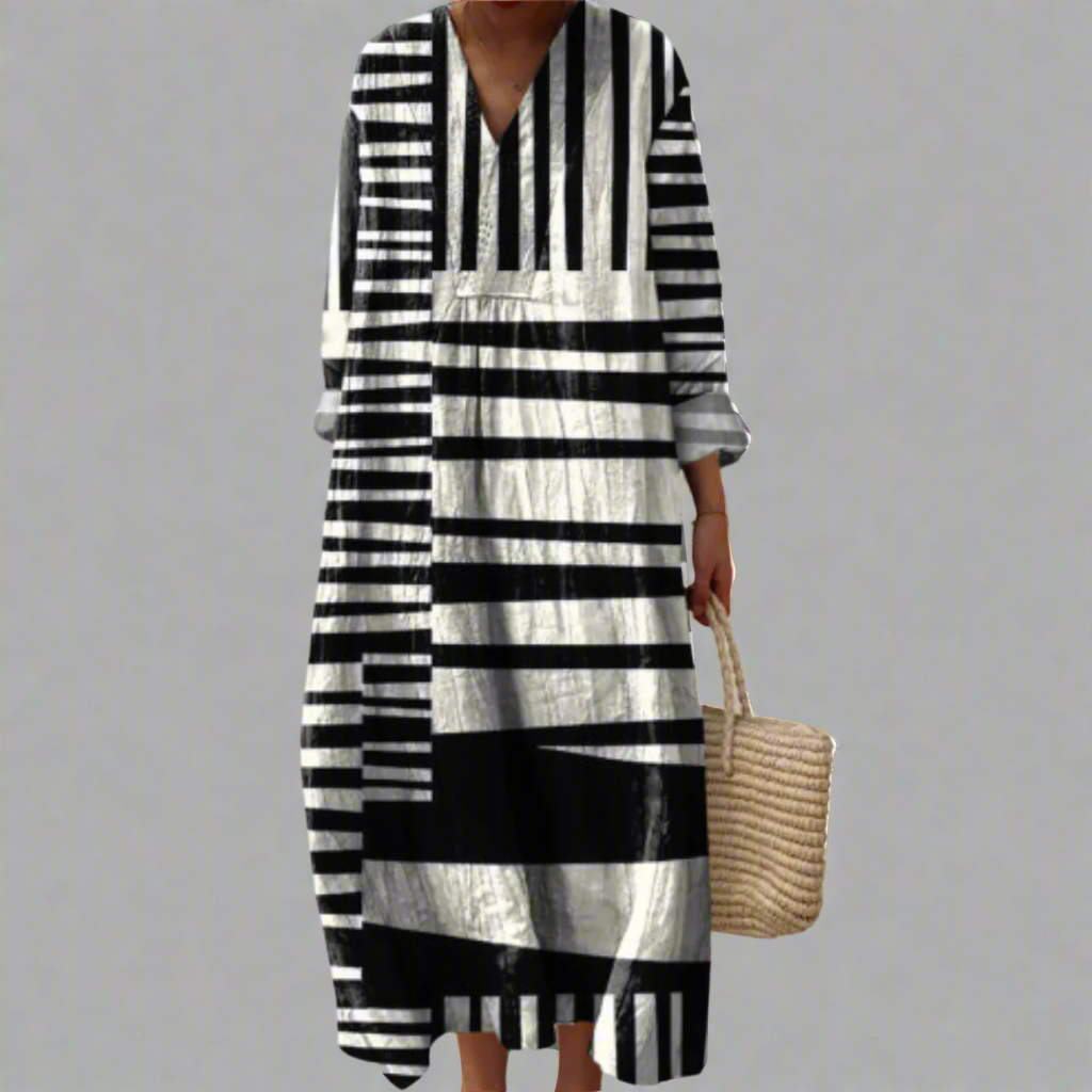 V-Neck Abstract Geometric Stripe Long Sleeve Loose Midi Dress