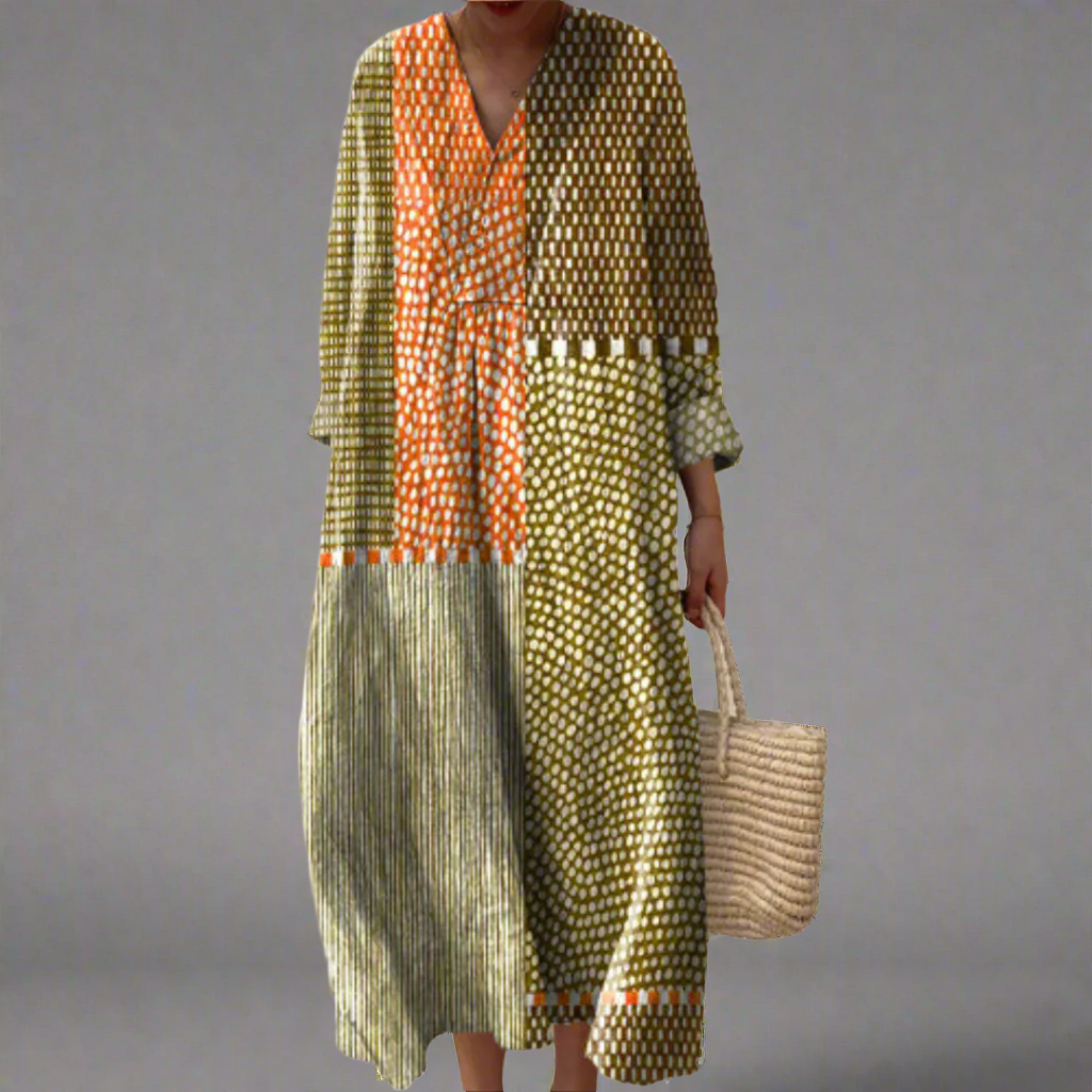 V-Neck Geometric Patchwork Print Long Sleeve Shift Maxi Dress