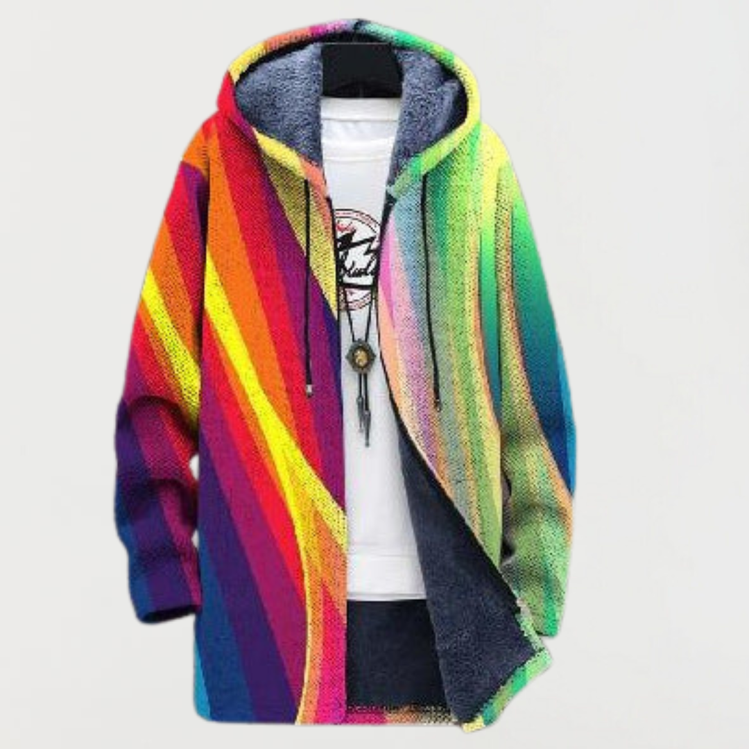 Multicoloured Hooded Fleece Lined Diagonal Rainbow Stripe Knit Coat