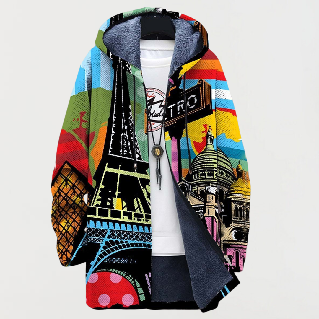 Multicoloured Hooded Paris Cityscape Print Fleece Lined Zip Coat 2