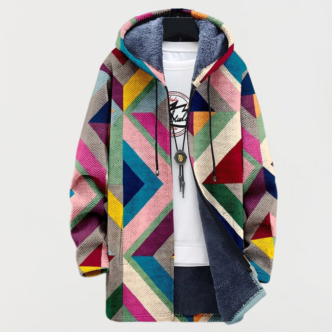 Multicoloured Hooded Geometric Diamond Print Fleece Lined Zip Coat 2
