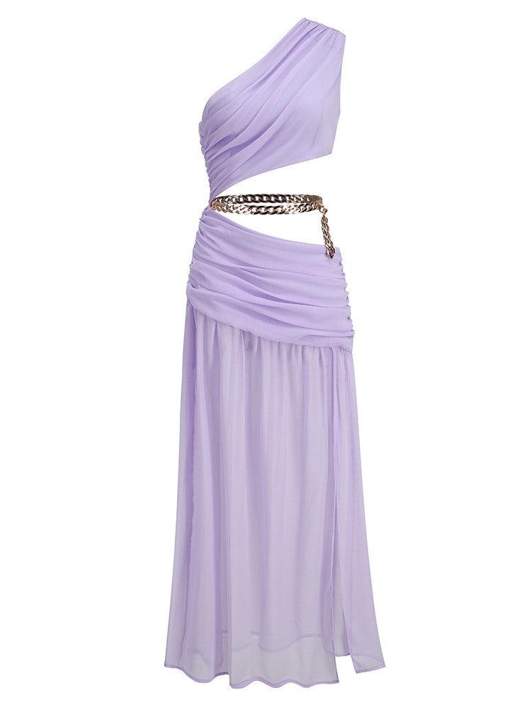One-Shoulder Draped Chain Cutout Ruched Flowy Maxi Dress