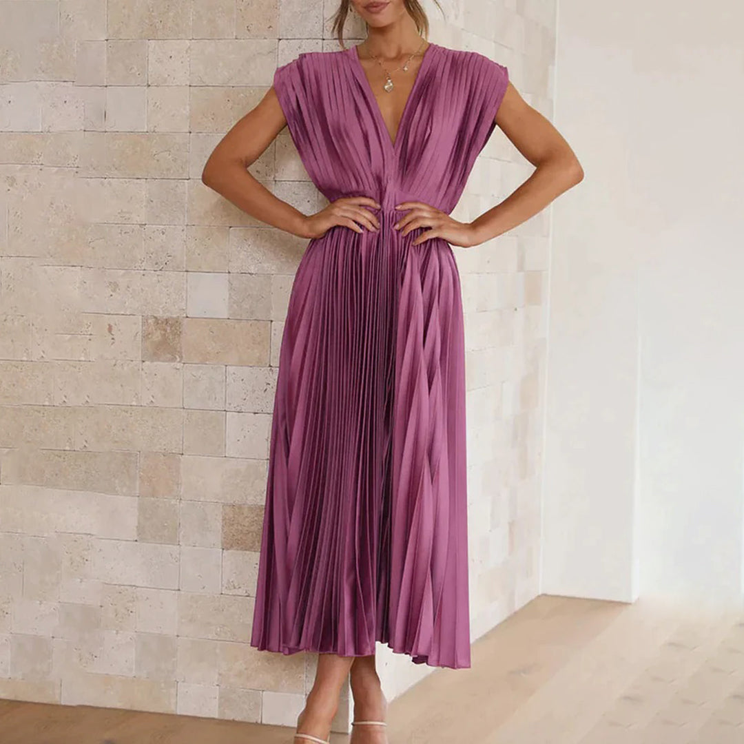 Mertxe Elegant V-neck Pleated Maxi Dress for Women Sophisticated Look