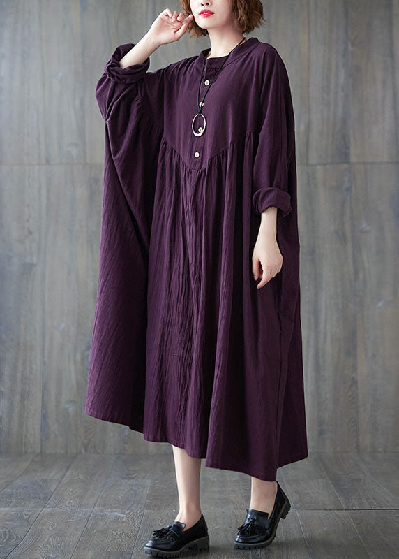 Purple Wrinkled Cotton Casual Dresses Long Sleeve