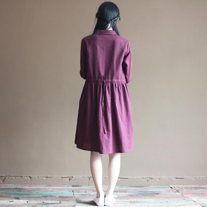 Purple linen dresses long sleeve cotton dress vintage style