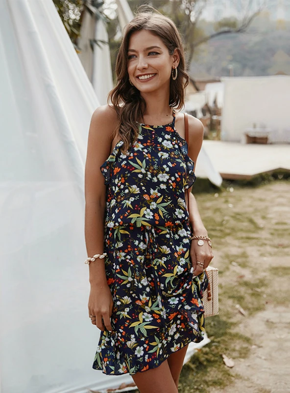 Mini Flowered Sleeveless Ruffles Dress S / Black Dresses