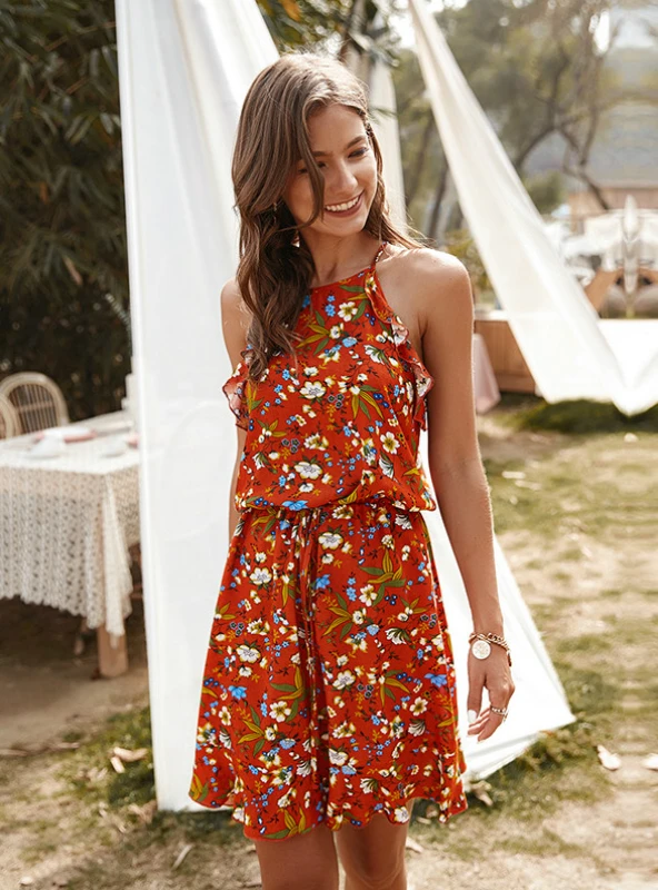Mini Flowered Sleeveless Ruffles Dress M / Black Dresses