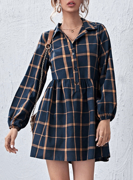 Navy V Neck Plaid Prints Buttons Casual Sweet Dress For Women Dresses