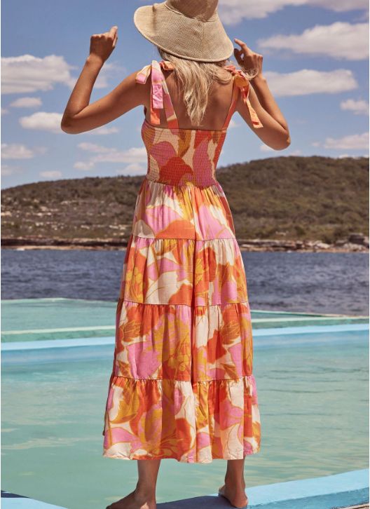 Bohemian Festive Warm-Season Elastic Gown Design With Coastal Women Tie Sundress Up Straps L /