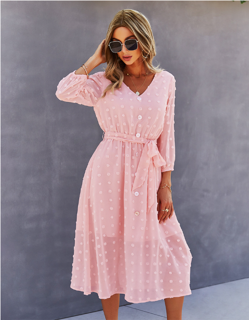 Elegant Half Sleeve Women’s Casual V-Neck Midi Dress With Buttons S / Pink Dresses