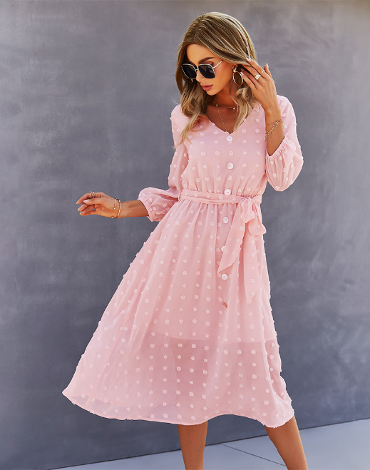 Elegant Half Sleeve Women’s Casual V-Neck Midi Dress With Buttons S / Yellow Dresses