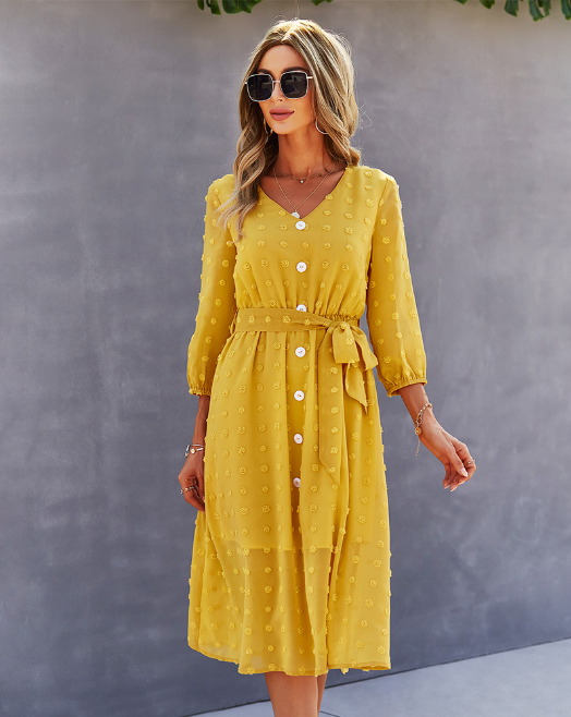 Elegant Half Sleeve Women’s Casual V-Neck Midi Dress With Buttons M / Yellow Dresses