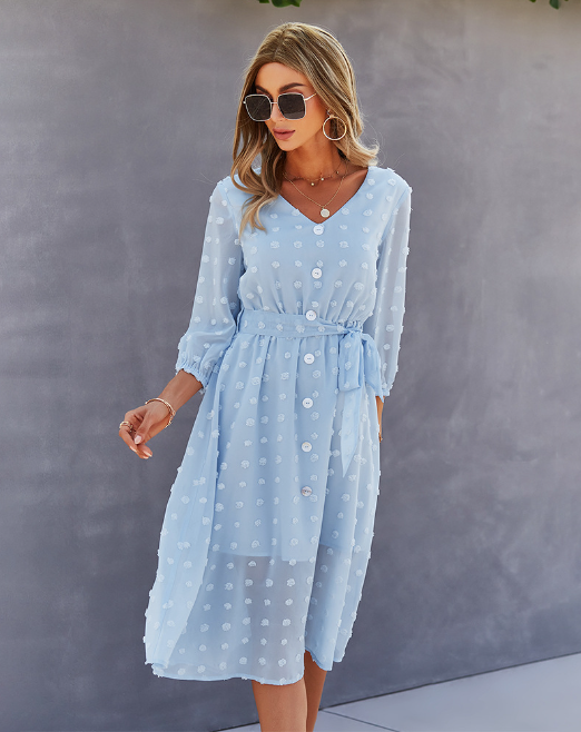 Elegant Half Sleeve Women’s Casual V-Neck Midi Dress With Buttons M / Coffee Dresses