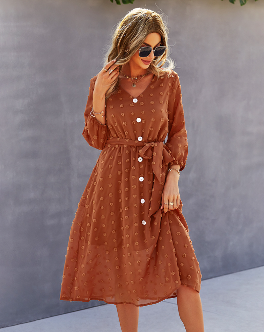 Elegant Half Sleeve Women’s Casual V-Neck Midi Dress With Buttons L / Coffee Dresses