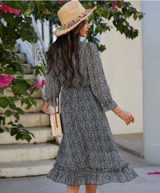 Spring V Neck Print Dress With Butterfly Sleeves And High Waist Ruffles In Chiffon Midi Length M /