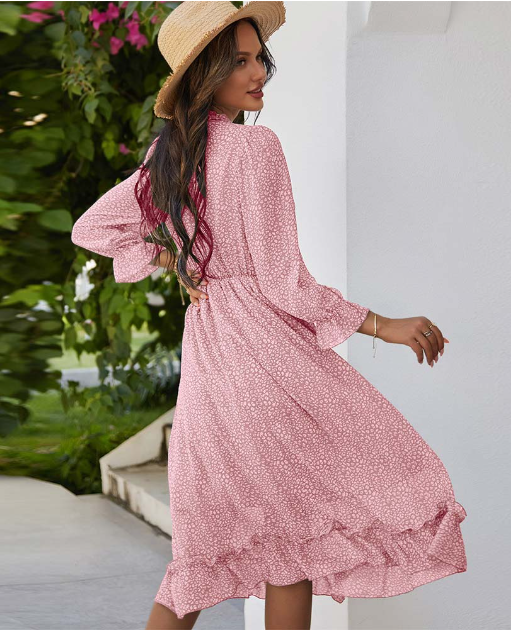 Spring V Neck Print Dress With Butterfly Sleeves And High Waist Ruffles In Chiffon Midi Length M /
