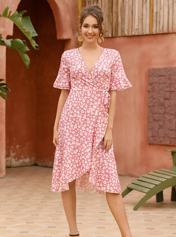 Boho Floral Print Vintage Midi Dress With Ruffle Sleeves For Women M / Green Dresses