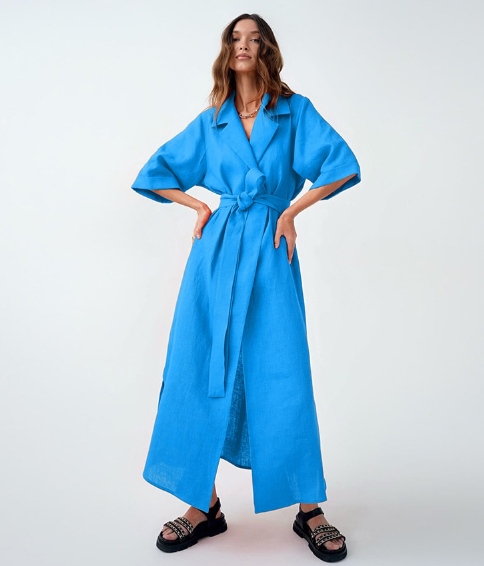 Women’s Casual Loose Half Sleeve Cotton Linen Office Blazers Dress L / Blue Dresses