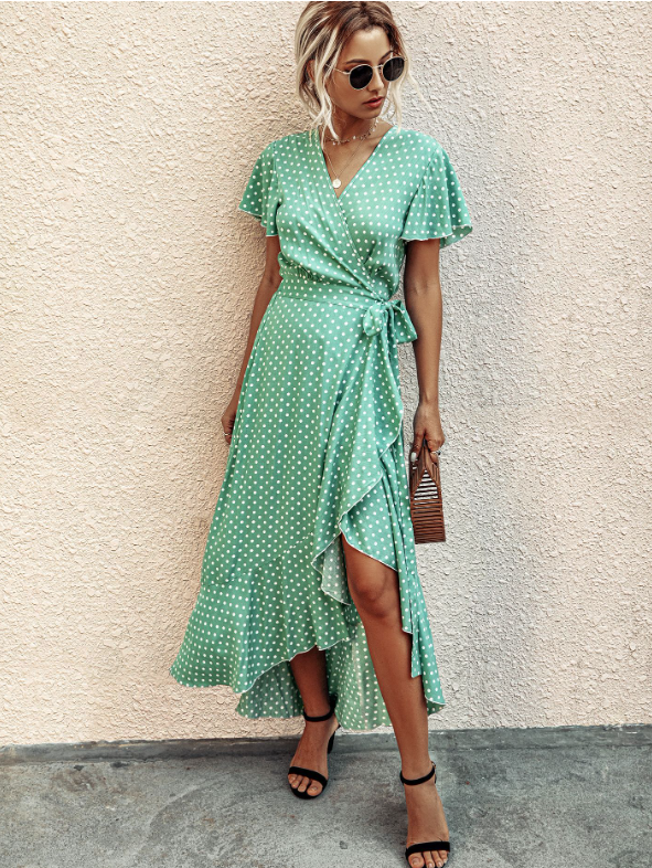 V-Neck Coastal Vacation Dot Polka Short-Sleeved Warm-Season Ruffle For Gown Women L / Black Dresses