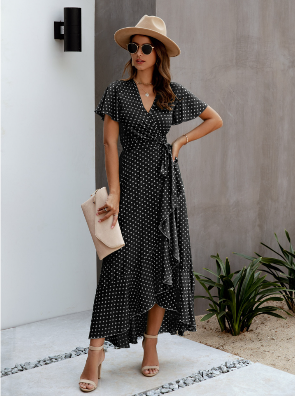 V-Neck Coastal Vacation Dot Polka Short-Sleeved Warm-Season Ruffle For Gown Women M / Black Dresses