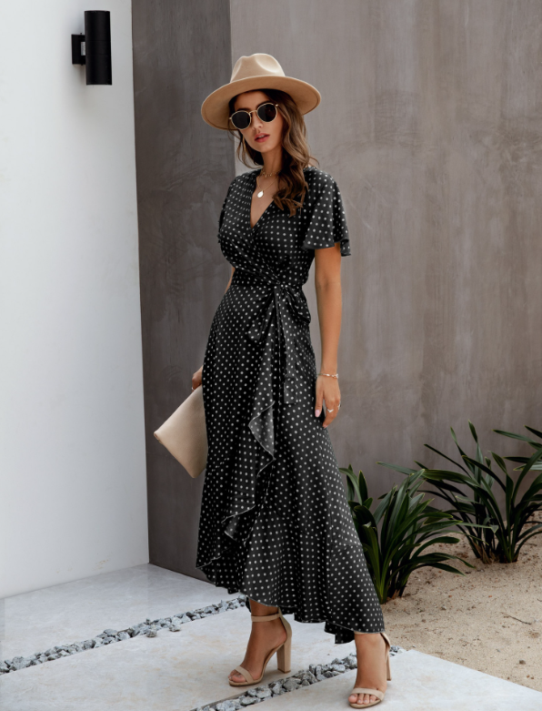 V-Neck Coastal Vacation Dot Polka Short-Sleeved Warm-Season Ruffle For Gown Women S / Green Dresses