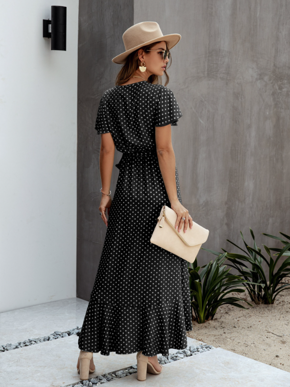 V-Neck Coastal Vacation Dot Polka Short-Sleeved Warm-Season Ruffle For Gown Women M / Green Dresses