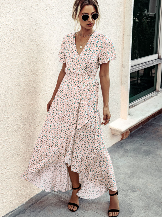 Pink Polka Dot V-Neck Ruffle Short-Sleeved Beach Vacation Summer Dress L / Pink Dresses